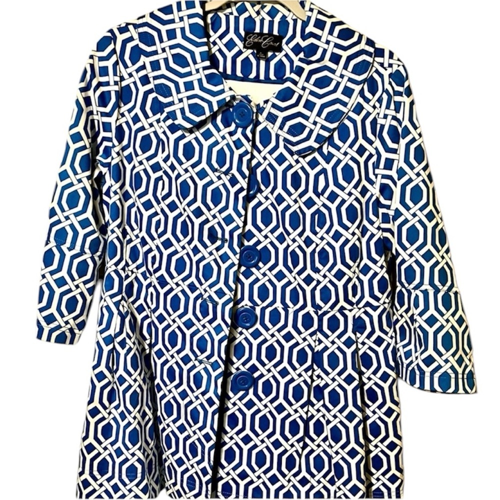 Chic Blue & White Geometric Trench Coat